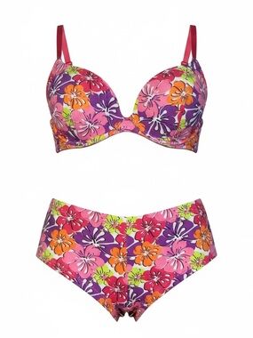 flirtitude Pink Purple Orange Floral Push-Up Bra & High-Waist Brief Set